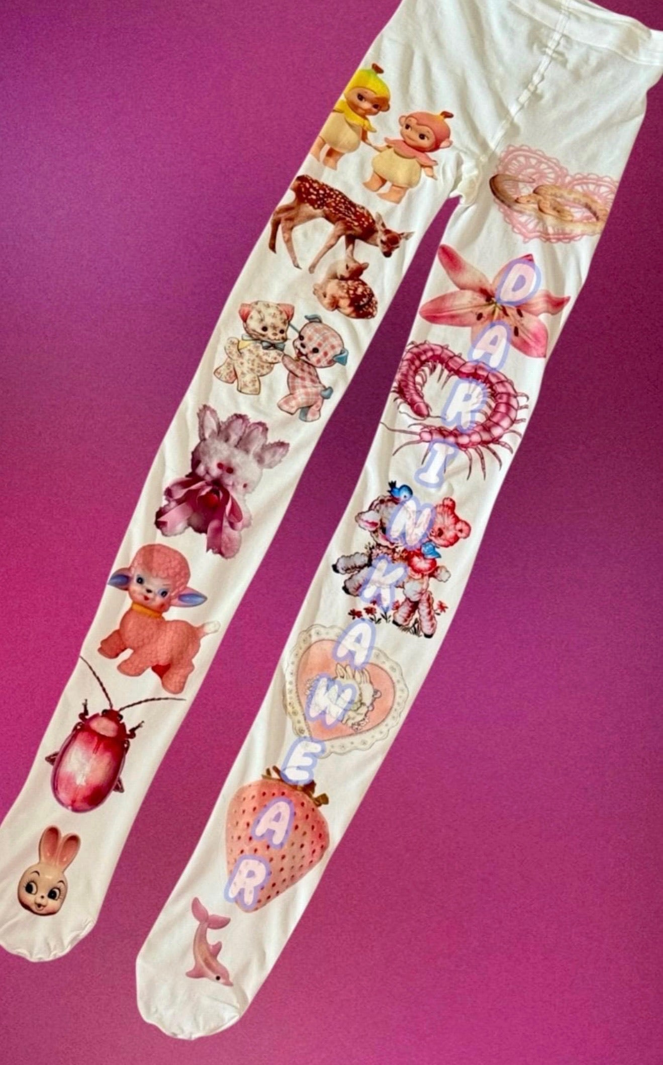 Pink Creepy Cute Tights | 80 Den Y2K Fairycore Alt Tights | Kawaii Vintage Print