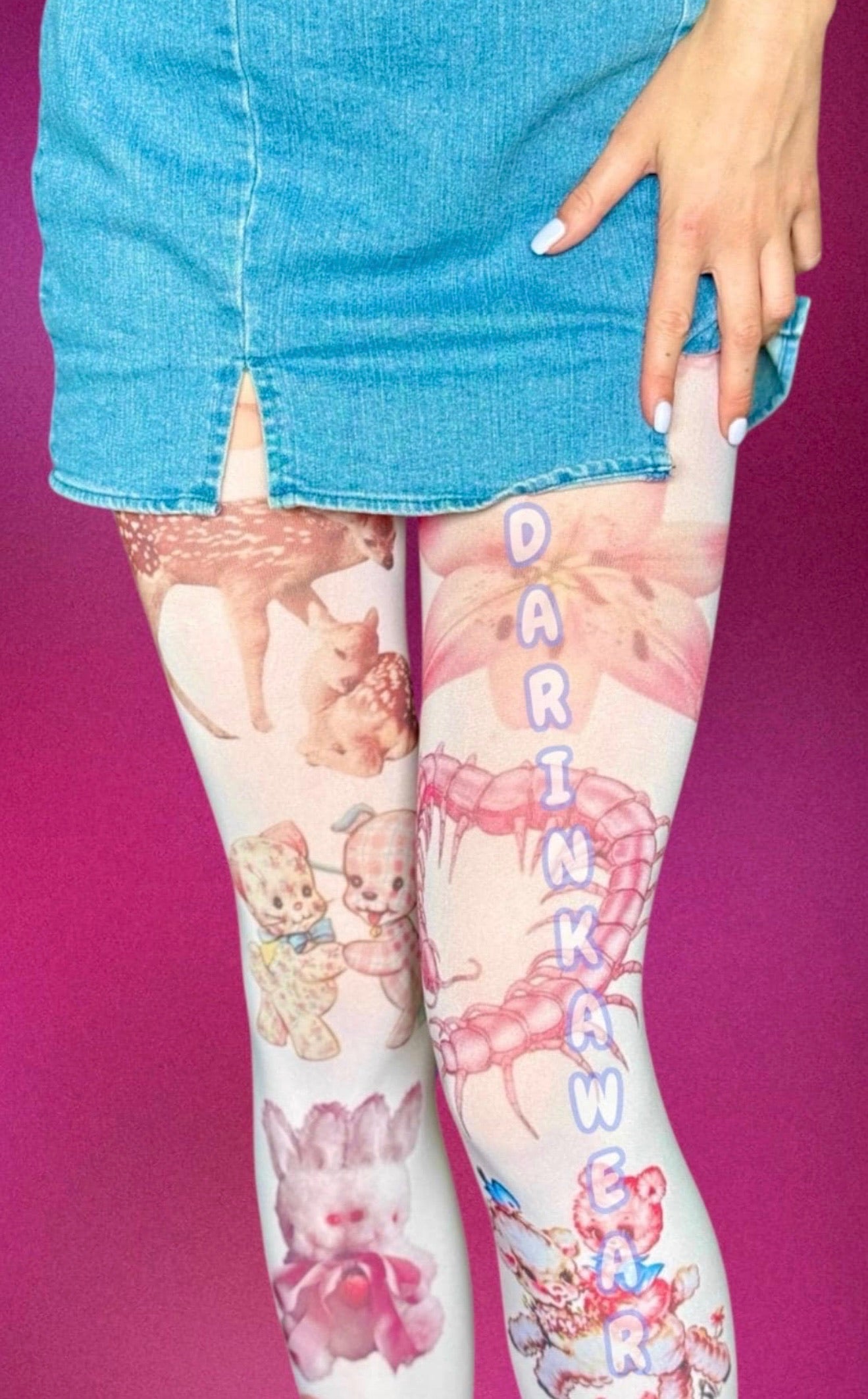 Pink Creepy Cute Tights | 80 Den Y2K Fairycore Alt Tights | Kawaii Vintage Print