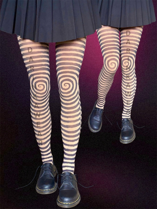 Black & Beige Spiral Striped Tights – Hypnotic Y2K Illusion Pantyhose