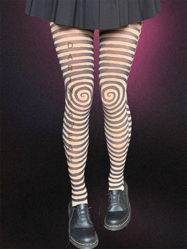 Black & Beige Spiral Striped Tights – Hypnotic Y2K Illusion Pantyhose
