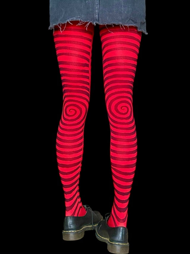 Red Spiral Striped Tights – Hypnotic Y2K Illusion Pantyhose