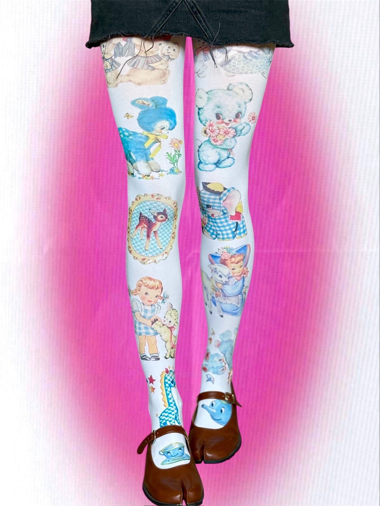 Vintage Kawaii Collage Tights – Whimsical Y2K Fairycore Aesthetic | Cute Retro Animal Print Stockings | S-5XL Sizes