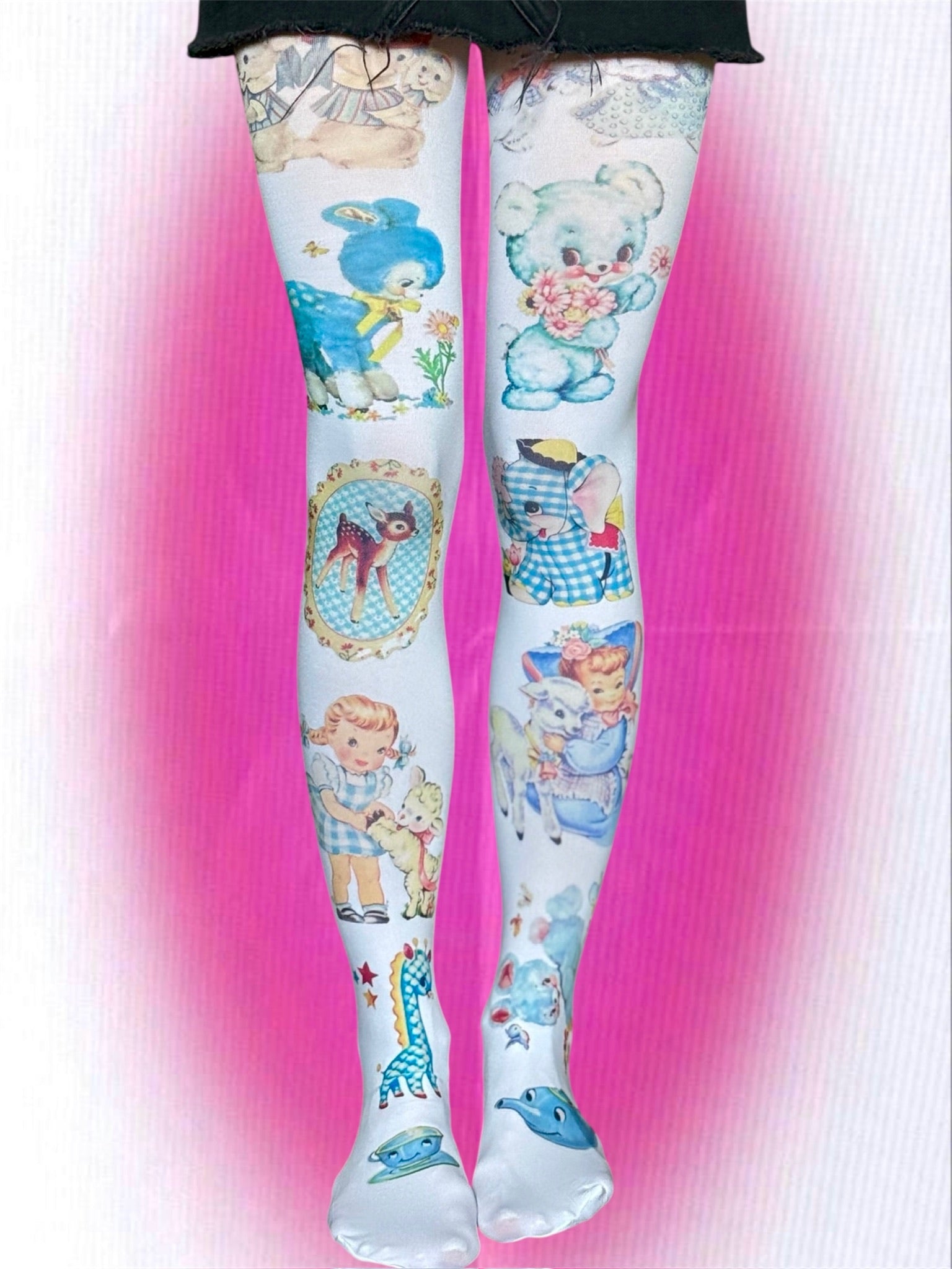 Vintage Kawaii Collage Tights – Whimsical Y2K Fairycore Aesthetic | Cute Retro Animal Print Stockings | S-5XL Sizes