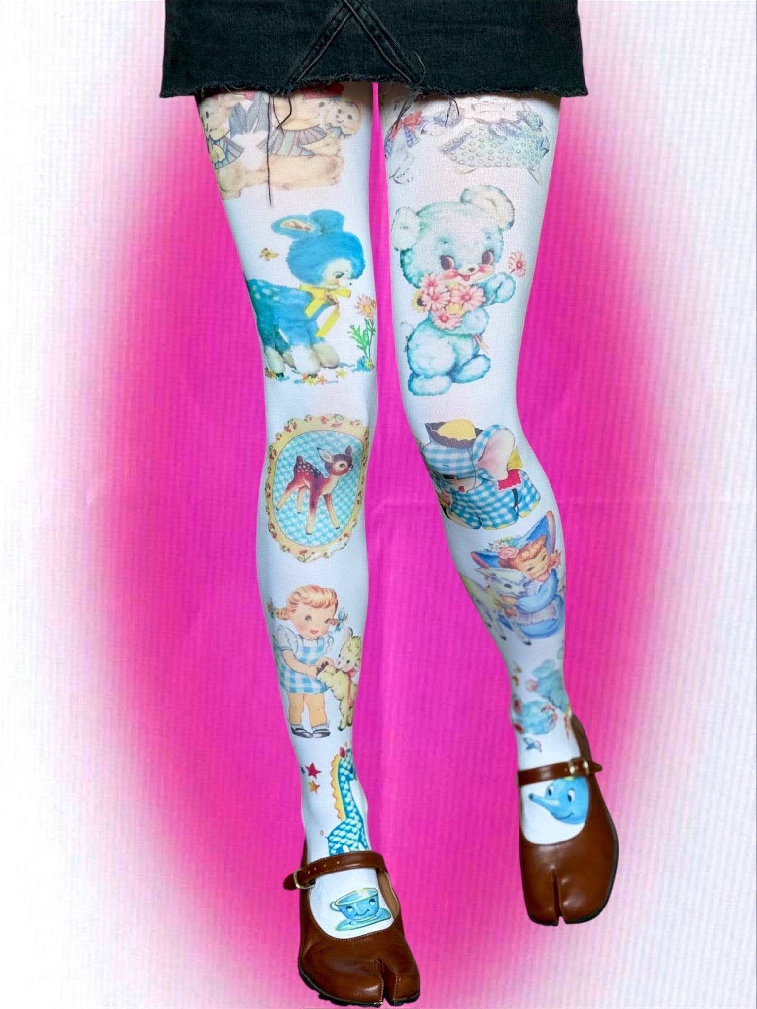 Vintage Kawaii Collage Tights – Whimsical Y2K Fairycore Aesthetic | Cute Retro Animal Print Stockings | S-5XL Sizes