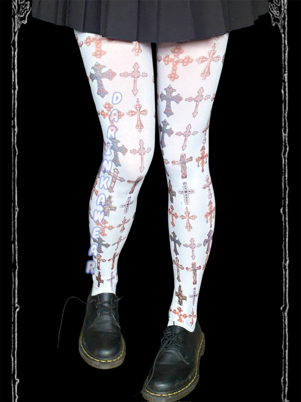 Gothic Cross Print Tights – Aesthetic Alt Girl Stockings in Soft Grunge Y2K Style
