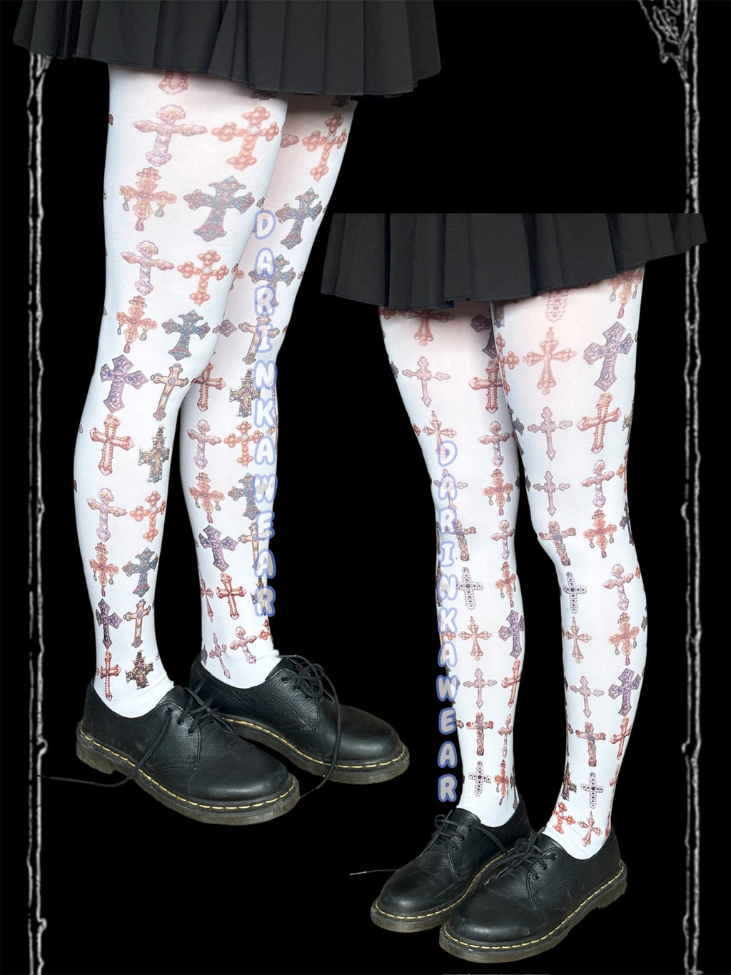 Gothic Cross Print Tights – Aesthetic Alt Girl Stockings in Soft Grunge Y2K Style