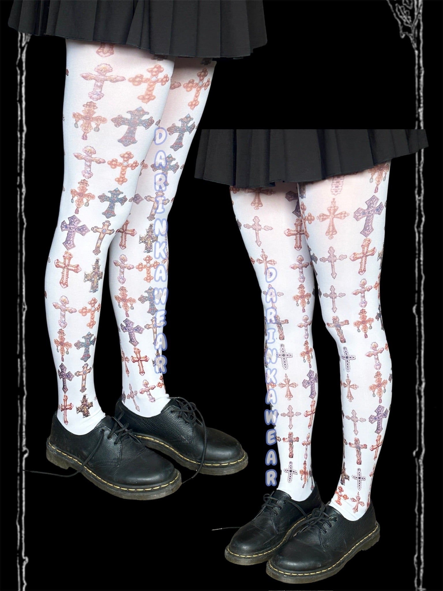 Gothic Cross Print Tights – Aesthetic Alt Girl Stockings in Soft Grunge Y2K Style