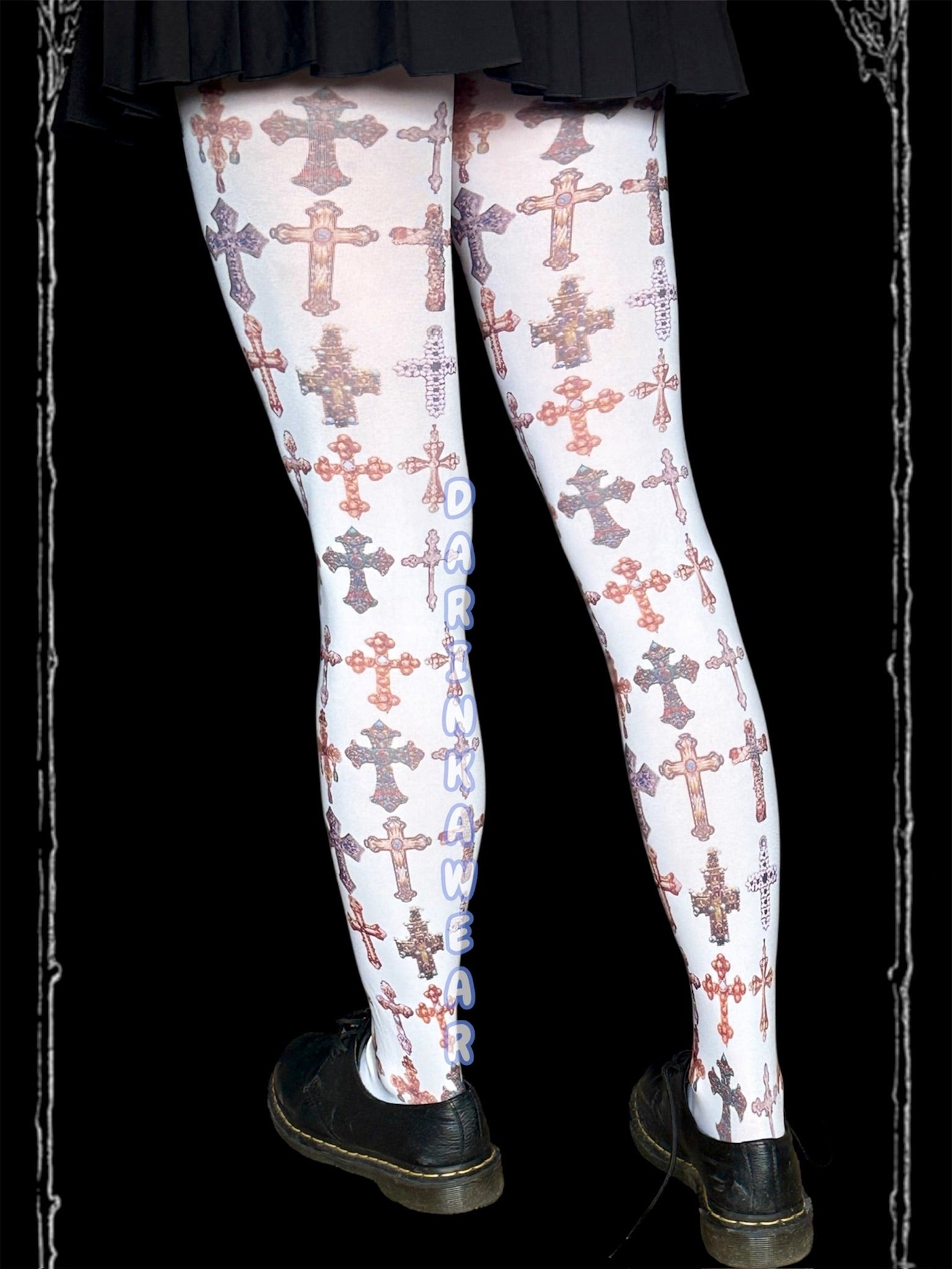 Gothic Cross Print Tights – Aesthetic Alt Girl Stockings in Soft Grunge Y2K Style