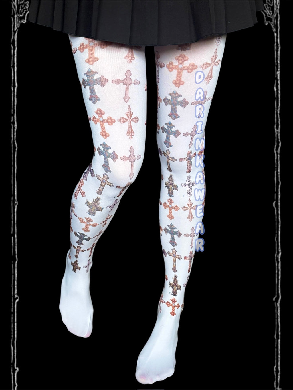 Gothic Cross Print Tights – Aesthetic Alt Girl Stockings in Soft Grunge Y2K Style