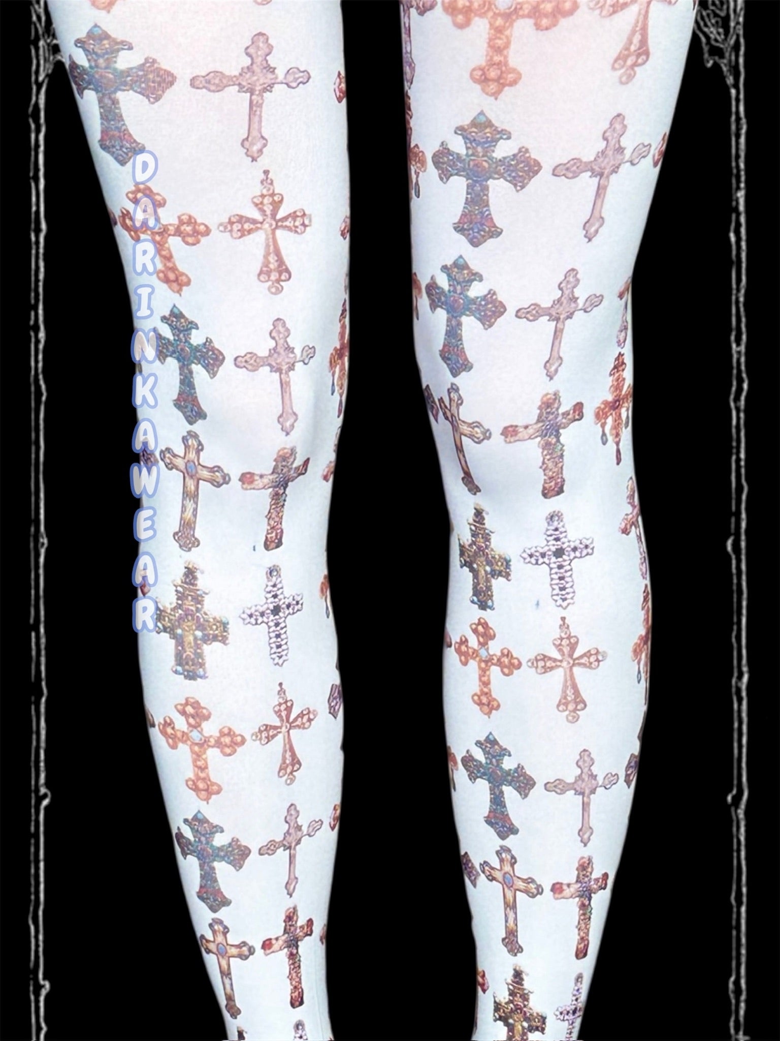 Gothic Cross Print Tights – Aesthetic Alt Girl Stockings in Soft Grunge Y2K Style