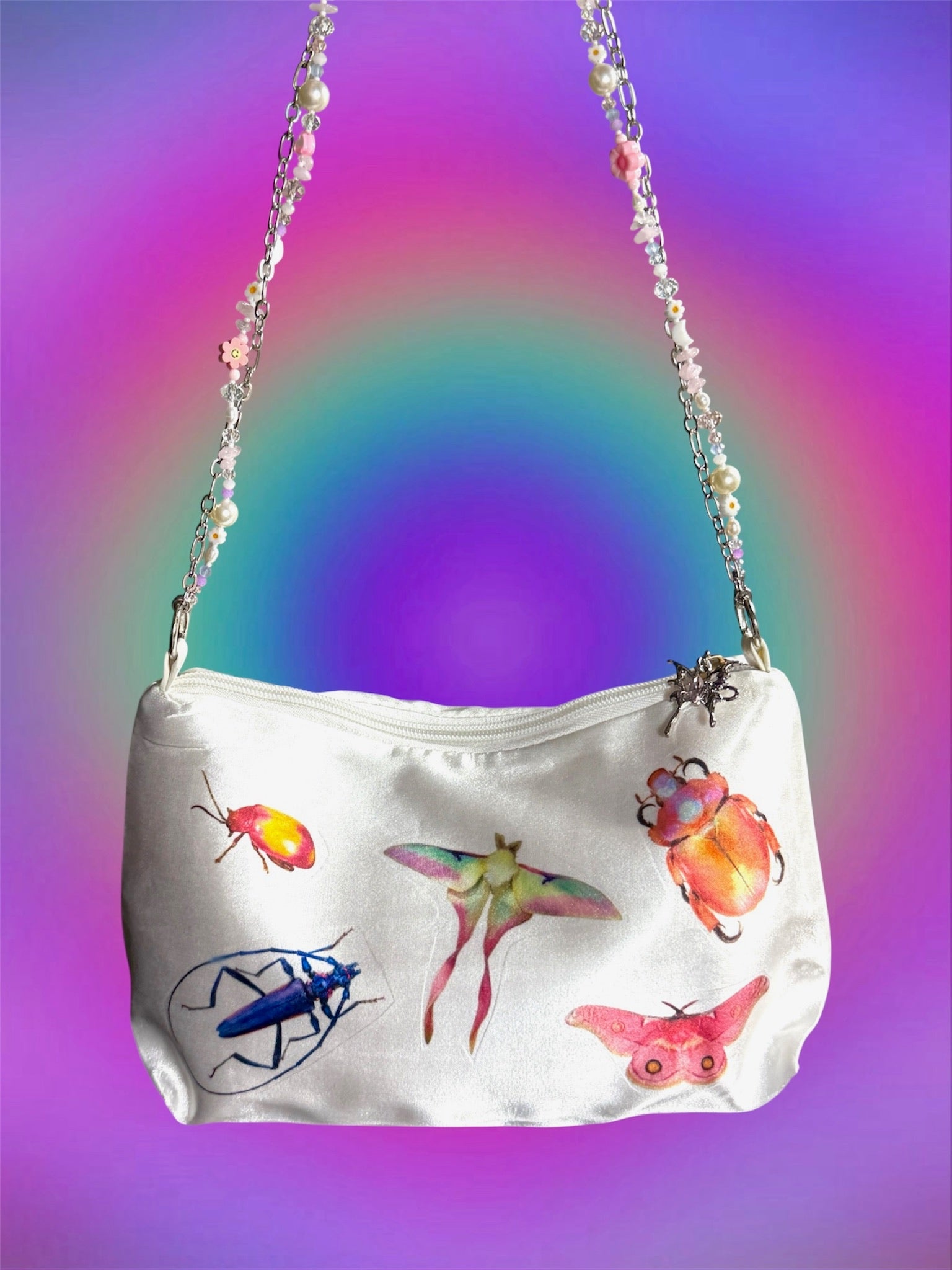 Bug Print Y2K Bag – Kawaii Insect Purse with Gemstone Strap – Double-Sided Print