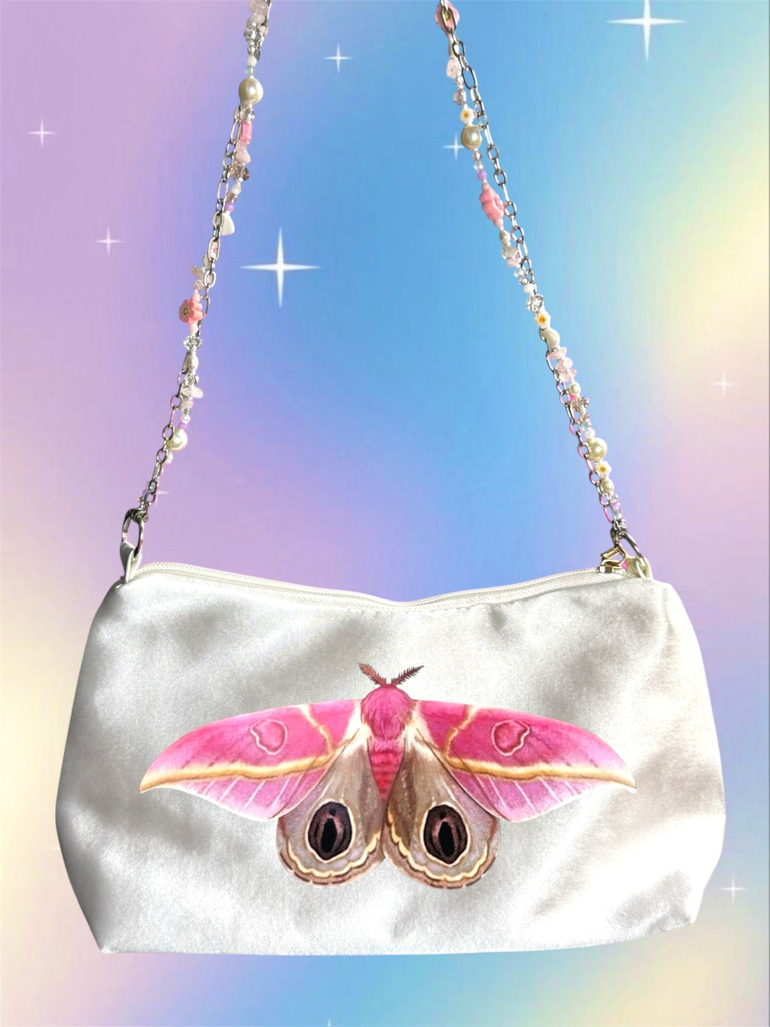 Y2K Pink Butterfly Shoulder Bag – Surreal Satin Purse with Handmade Beaded Strap