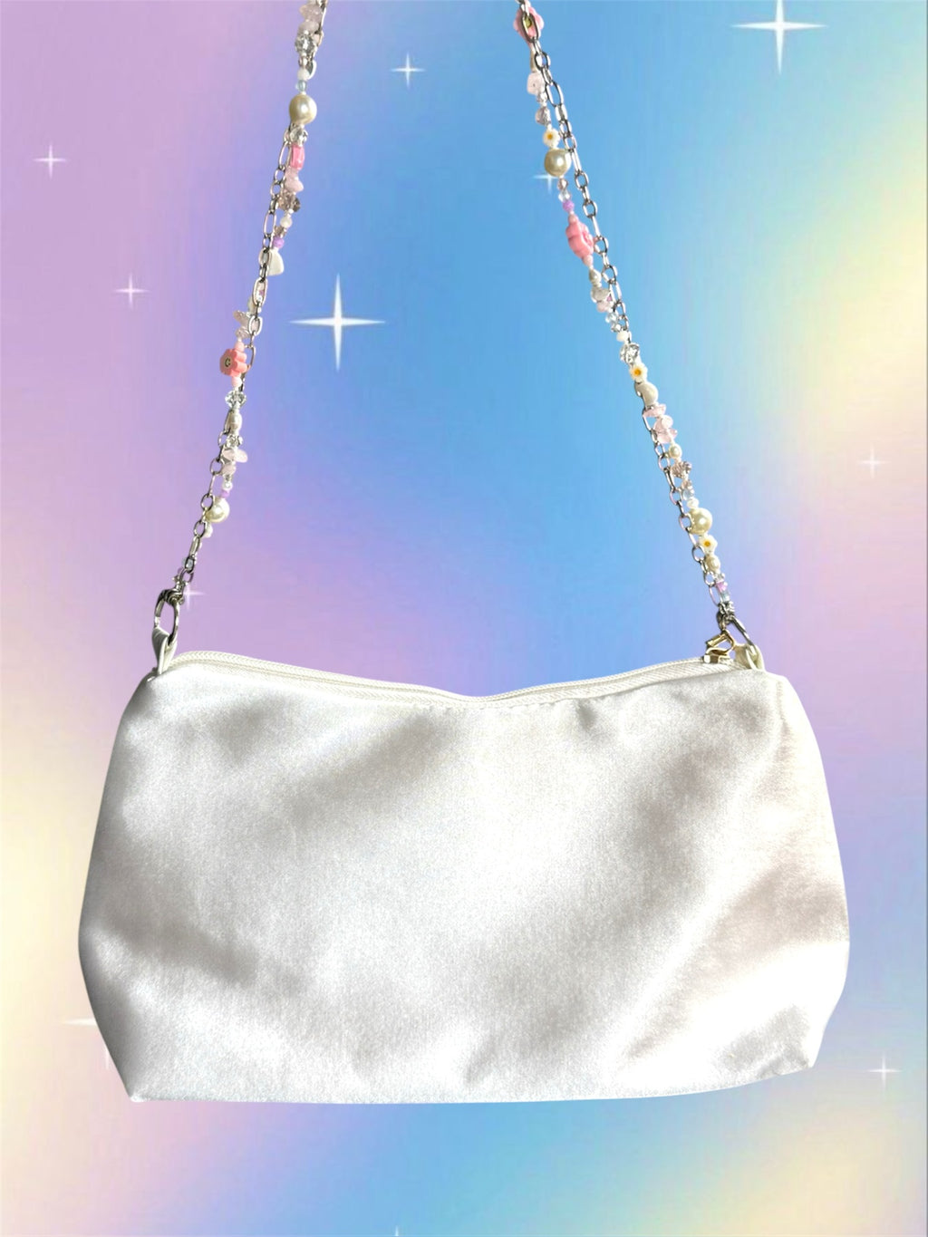 Y2K Pink Butterfly Shoulder Bag – Surreal Satin Purse with Handmade Beaded Strap