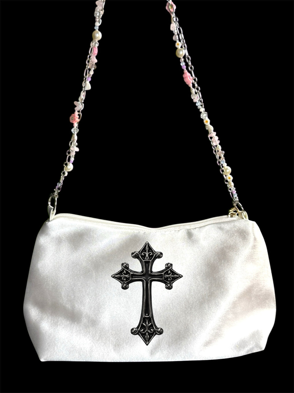 Y2K Gothic Cross Shoulder Bag – Satin Purse with Handmade Beaded Strap
