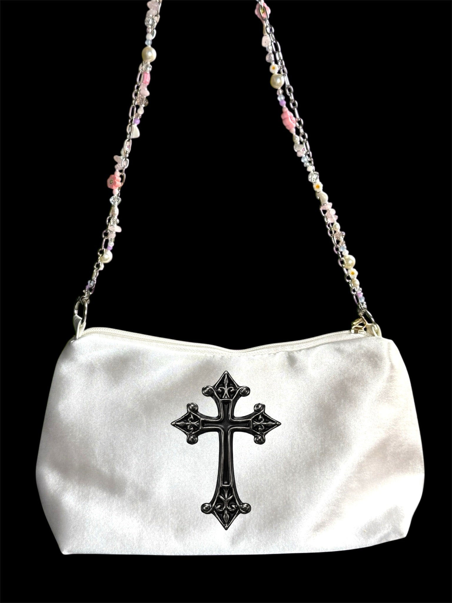 Y2K Gothic Cross Shoulder Bag – Satin Purse with Handmade Beaded Strap