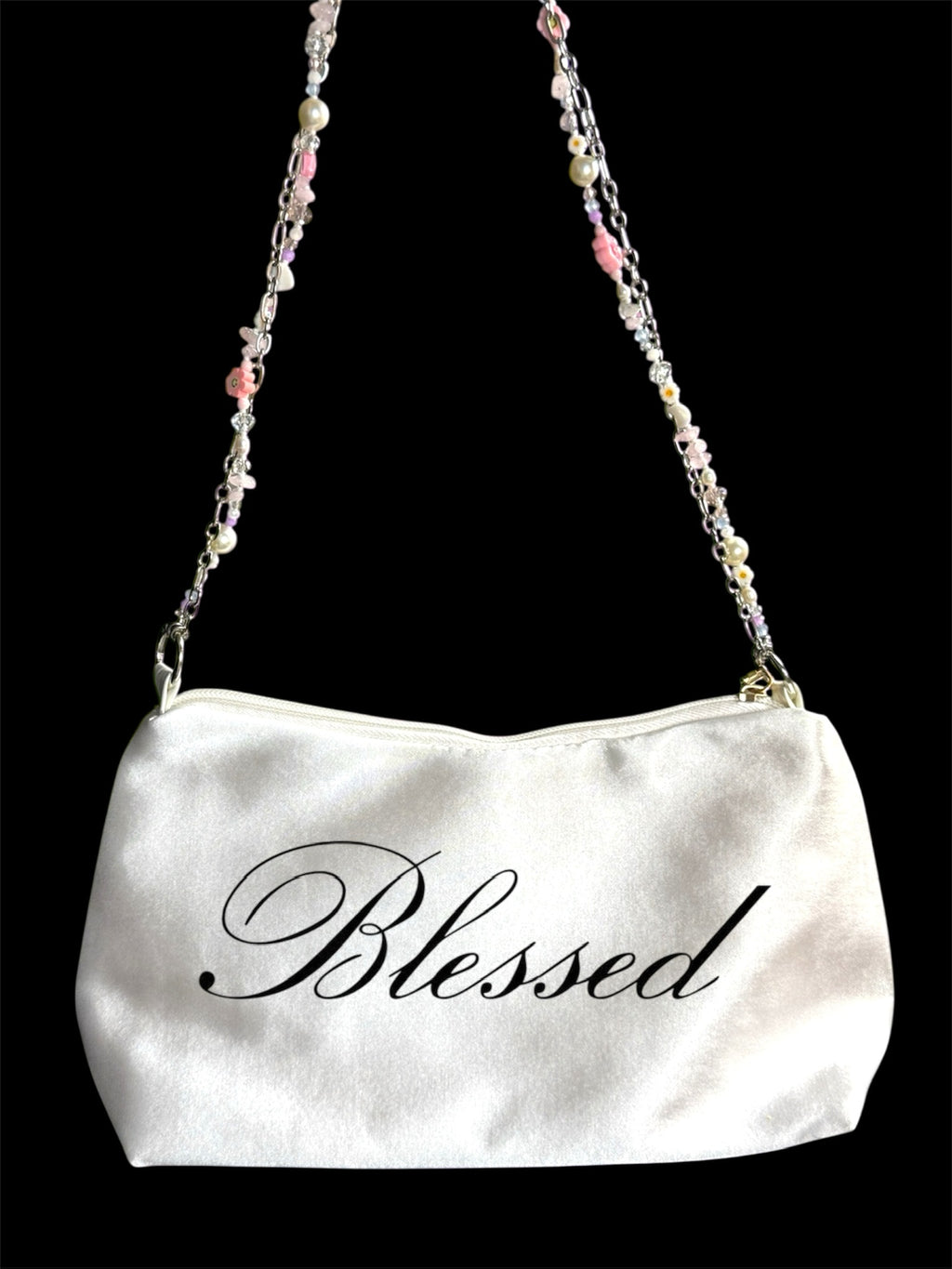 Y2K Gothic Cross Shoulder Bag – Satin Purse with Handmade Beaded Strap