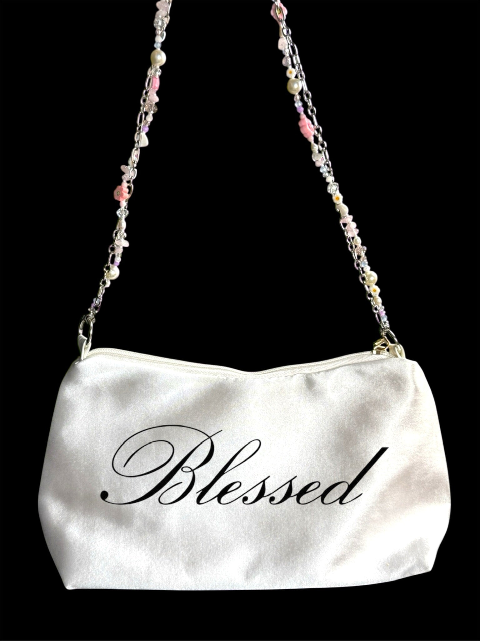 Y2K Gothic Cross Shoulder Bag – Satin Purse with Handmade Beaded Strap