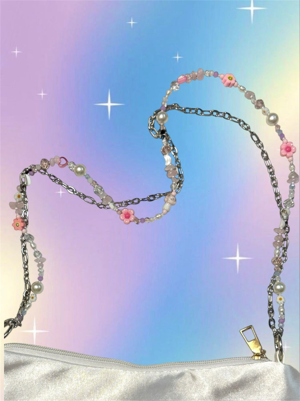 Y2K Pink Butterfly Shoulder Bag – Surreal Satin Purse with Handmade Beaded Strap