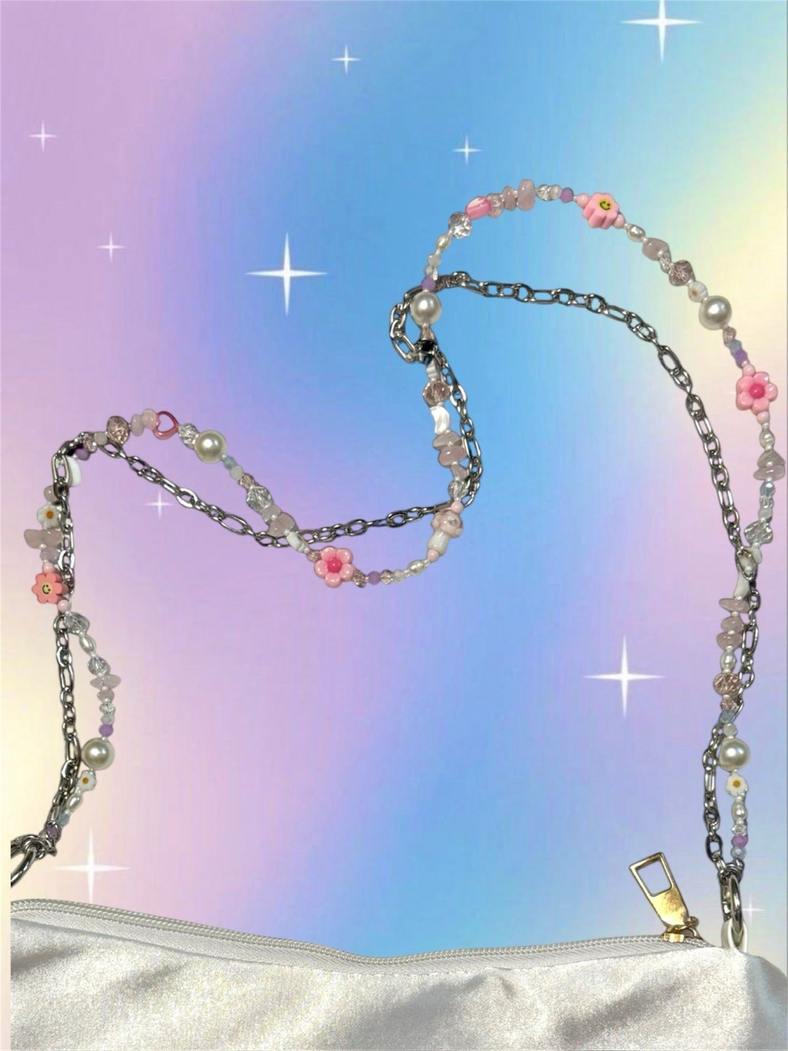 Y2K Pink Butterfly Shoulder Bag – Surreal Satin Purse with Handmade Beaded Strap