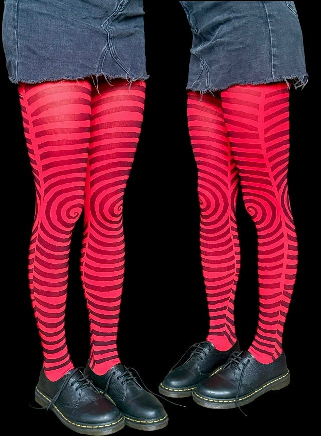 Red Spiral Striped Tights – Hypnotic Y2K Illusion Pantyhose