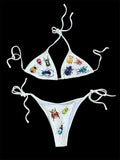 Y2K Bug Bikini – White Beetle Print Swimsuit, Insect Aesthetic Swimwear, Alt Fairycore Bikini Set, Handmade Gift for Her