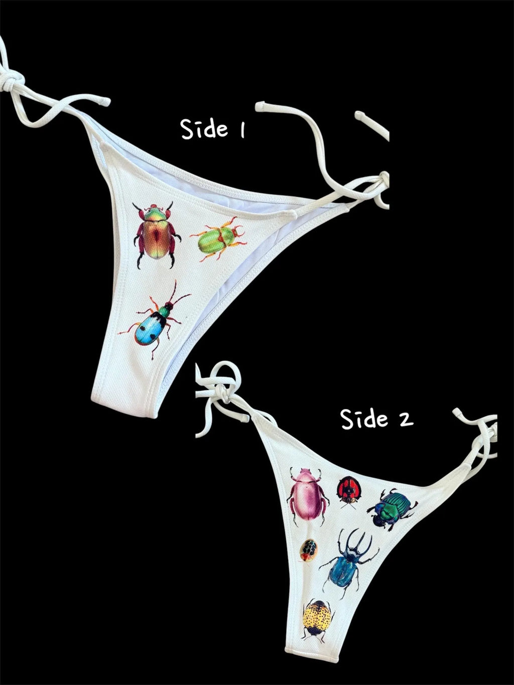 Y2K Bug Bikini – White Beetle Print Swimsuit, Insect Aesthetic Swimwear, Alt Fairycore Bikini Set, Handmade Gift for Her