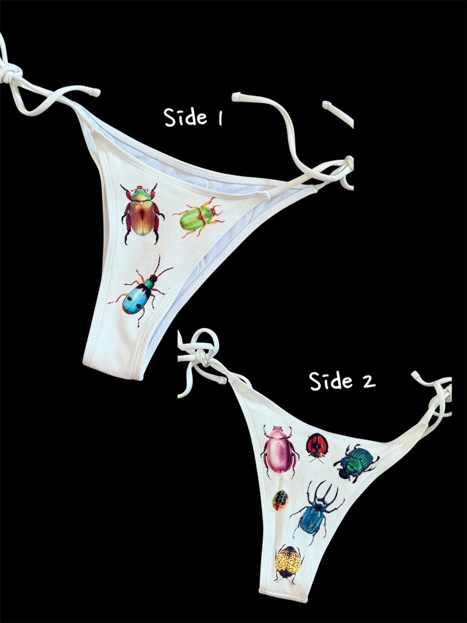 Y2K Bug Bikini – White Beetle Print Swimsuit, Insect Aesthetic Swimwear, Alt Fairycore Bikini Set, Handmade Gift for Her