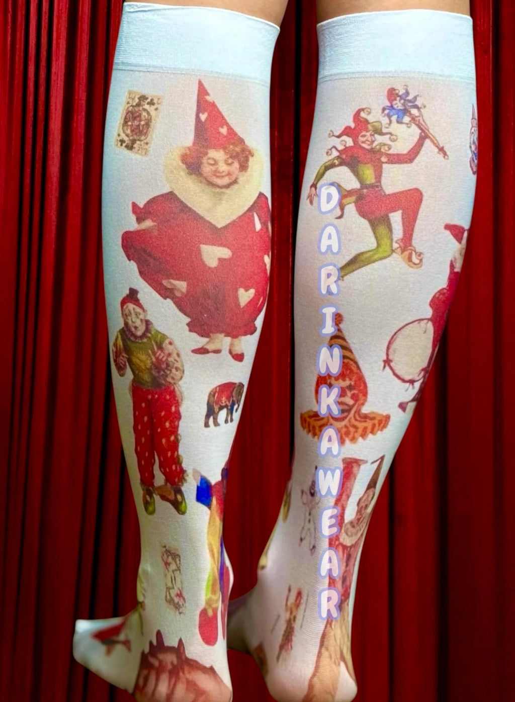 Vintage Circus Knee-High Socks – Retro Harlequin & Carnival Illustration Socks