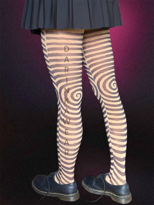 Black & Beige Spiral Striped Tights – Hypnotic Y2K Illusion Pantyhose