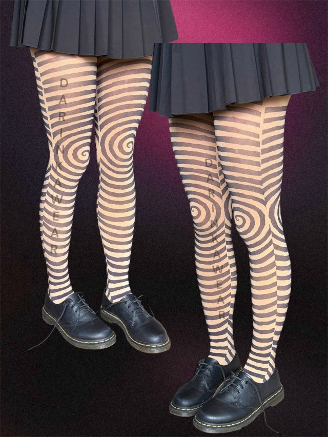 Black & Beige Spiral Striped Tights – Hypnotic Y2K Illusion Pantyhose